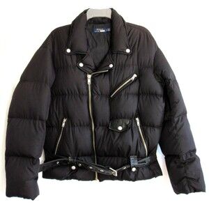 Polo Ralph Lauren Black Moto Down Sport Utility Puffer Leather Trim Jacket L EUC